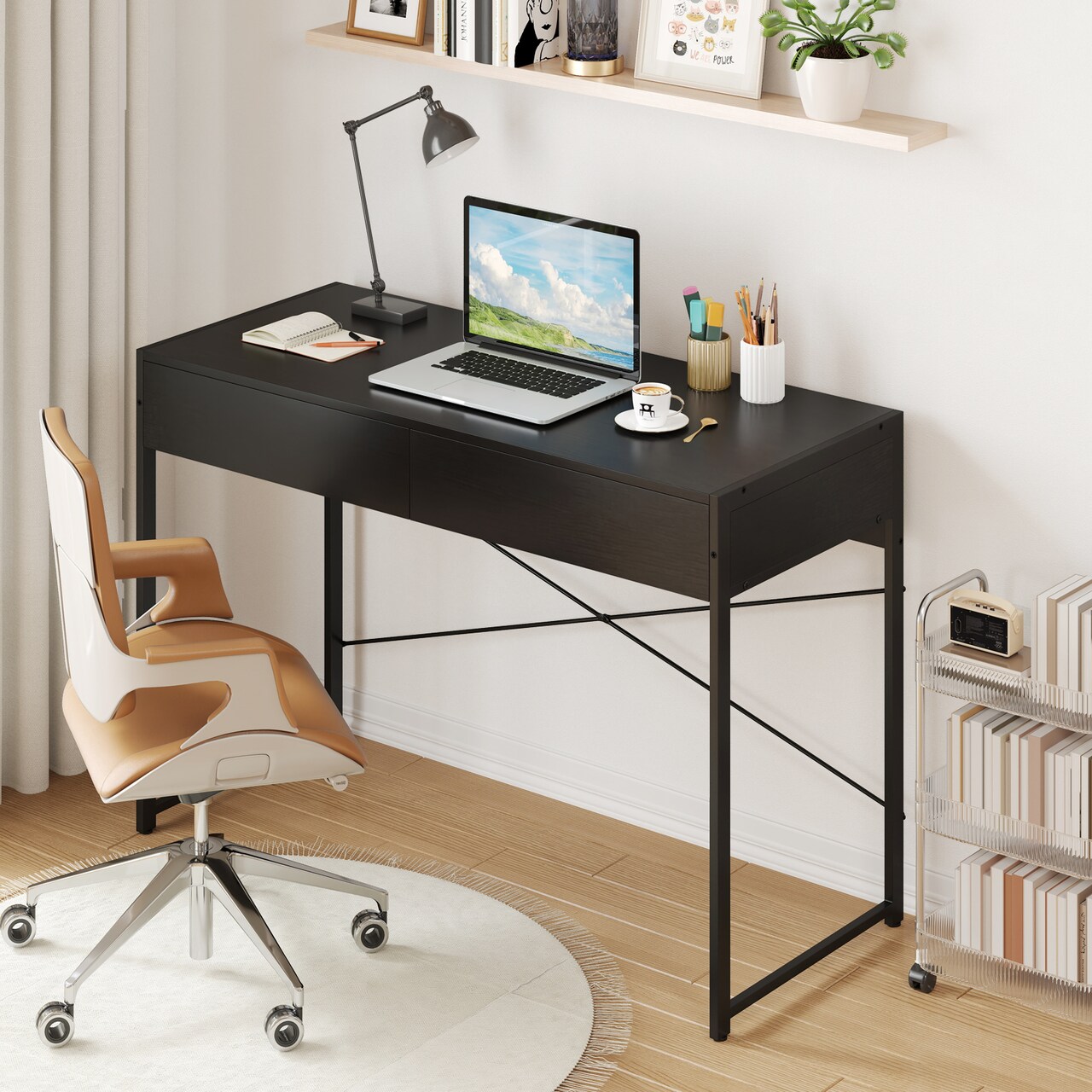 44 Inch Computer Desk with 2 Drawers and Metal Frame for Home Office